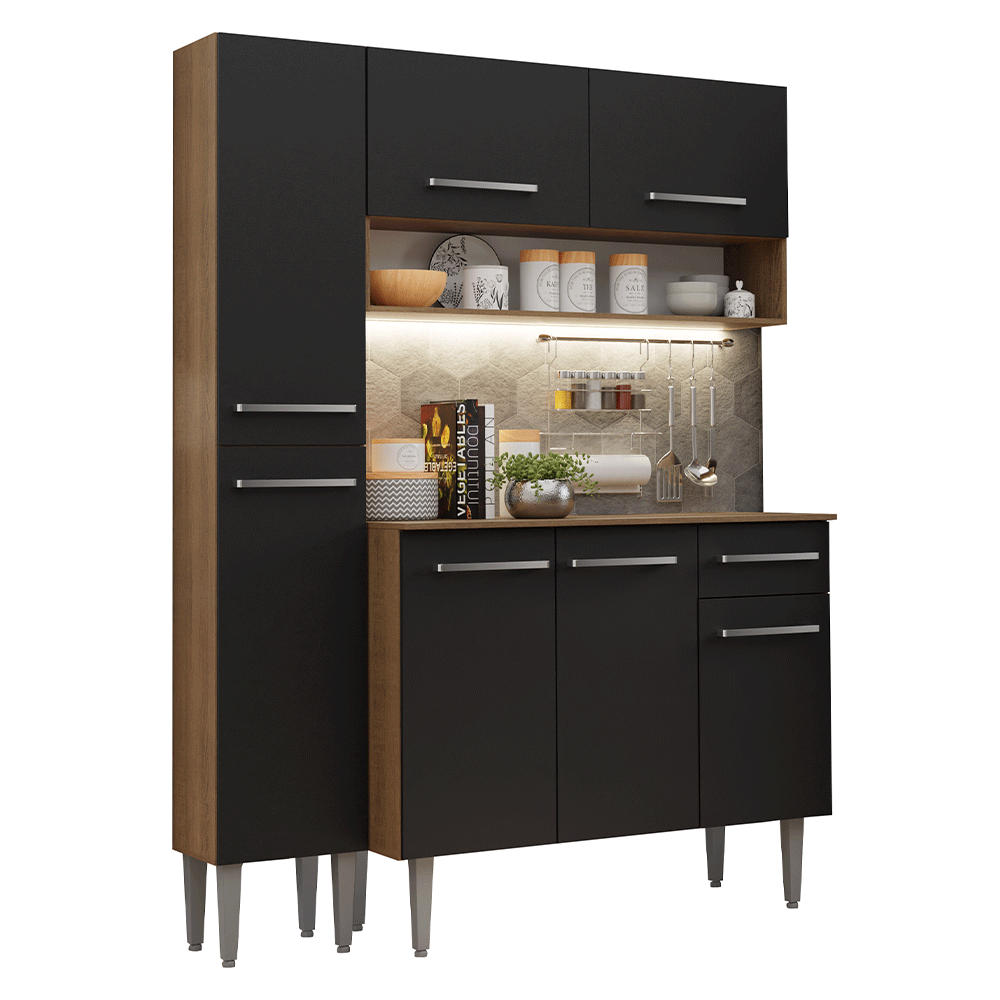 Armário de Cozinha Compacta 137 cm Rustic/Preto Emilly Madesa 012