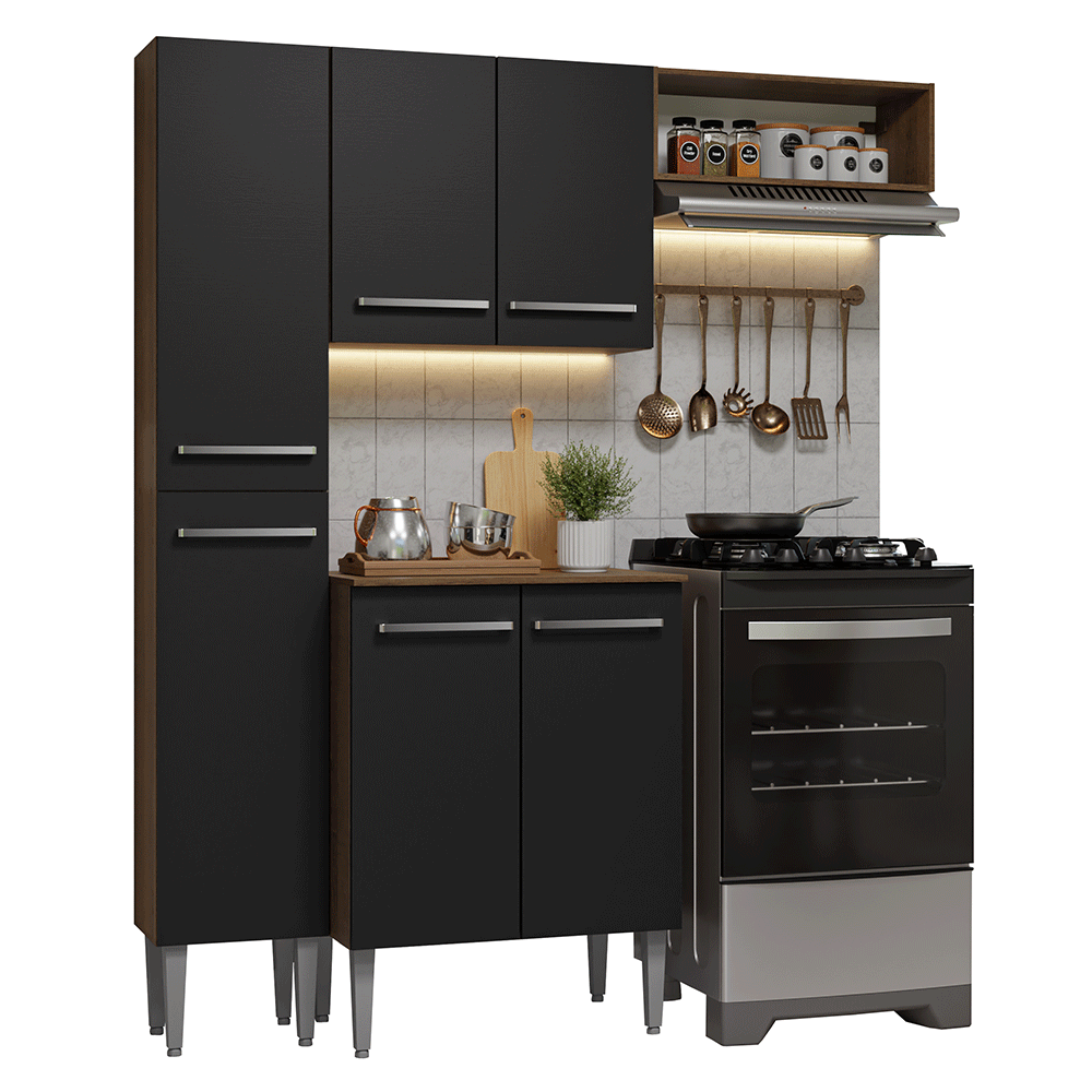 Armário de Cozinha Compacta 156 cm Rustic/Preto Emilly Madesa 01