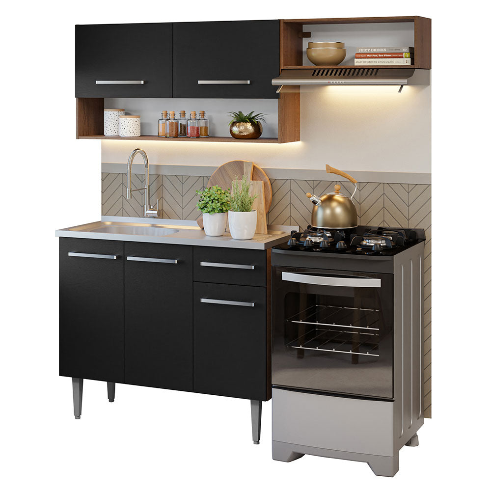 Armário de Cozinha Compacta 165cm com Pia Rustic/Preto Emilly Madesa 09