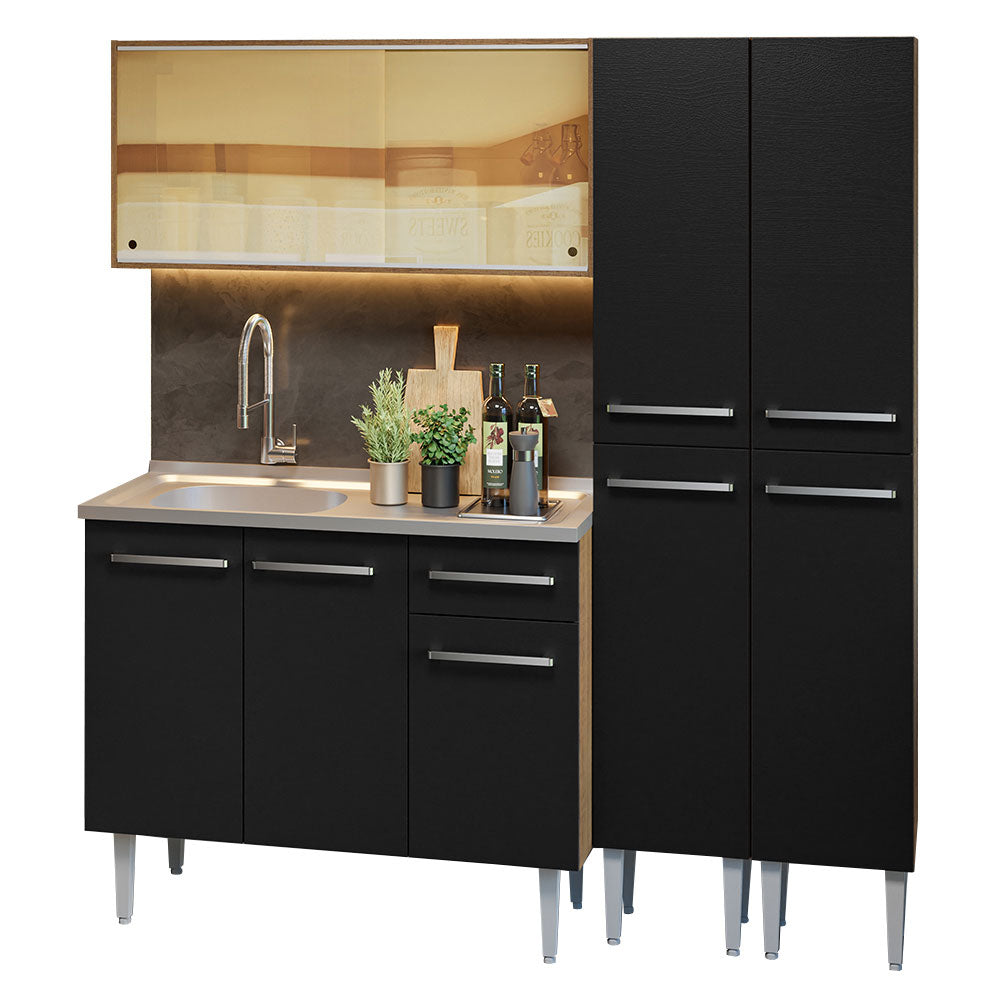 Armário de Cozinha Compacta 169cm com Pia Rustic/Preto Emilly Madesa 12