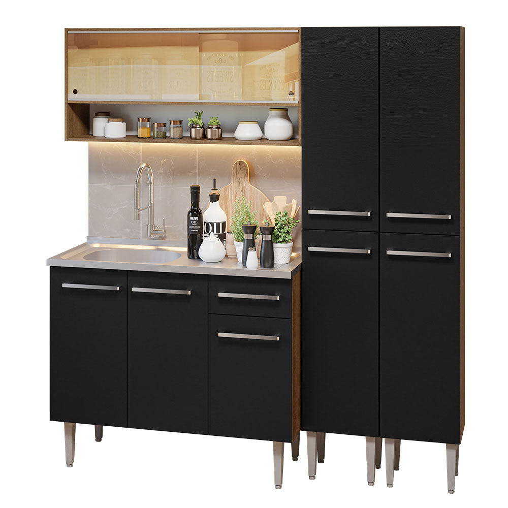 Armário de Cozinha Compacta 169cm com Pia Rustic/Preto Emilly Madesa 14
