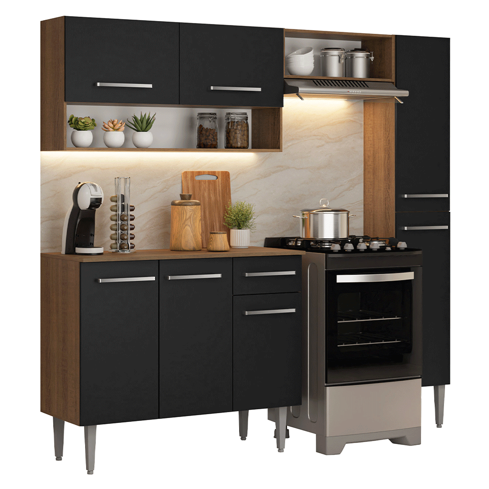 Armário de Cozinha Completa 197 cm Rustic/Preto Emilly Madesa 01