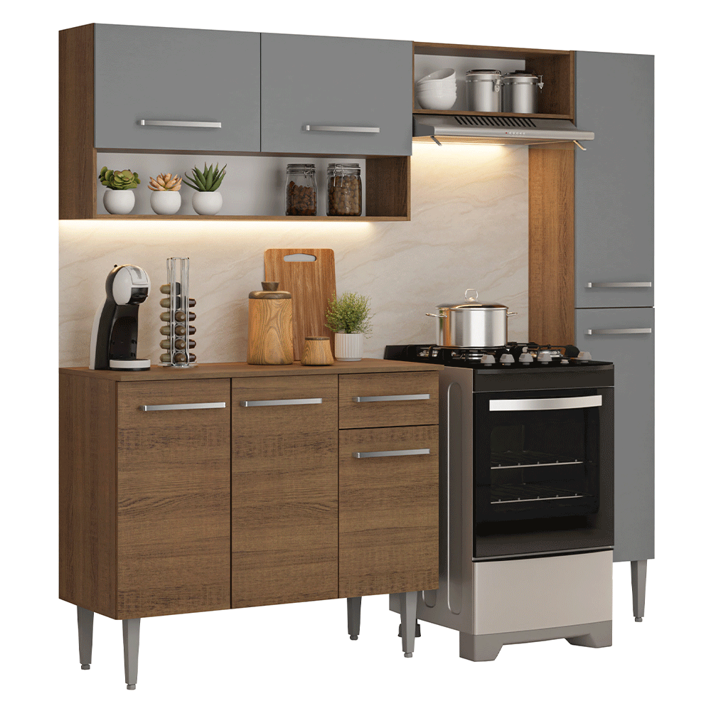 Armário de Cozinha Completa 197 cm Rustic/Cinza Emilly Madesa 01