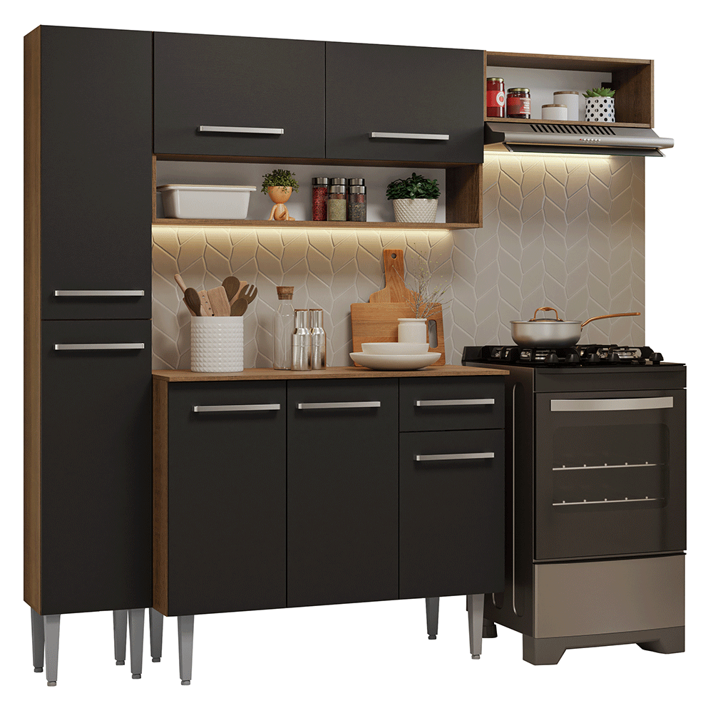 Armário de Cozinha Completa 197 cm Rustic/Preto Emilly Madesa 02