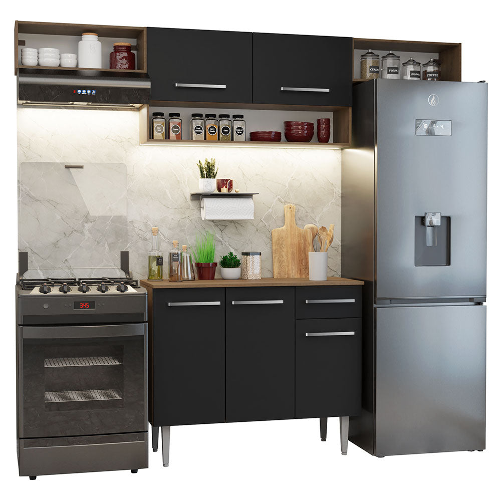 Armário de Cozinha Completa 225cm Rustic/Preto Emilly Madesa 01