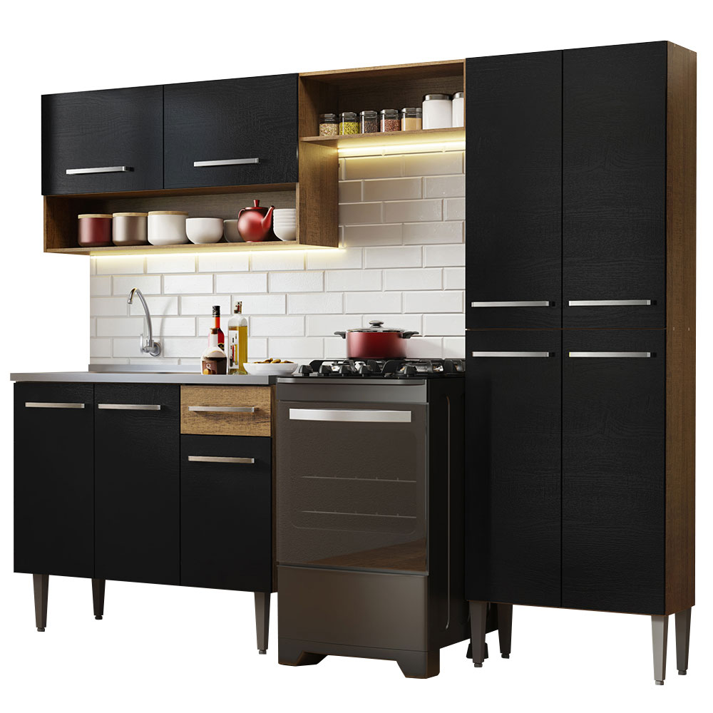 Armário de Cozinha Compacta 229cm com Pia Rustic/Preto Emilly Madesa 10