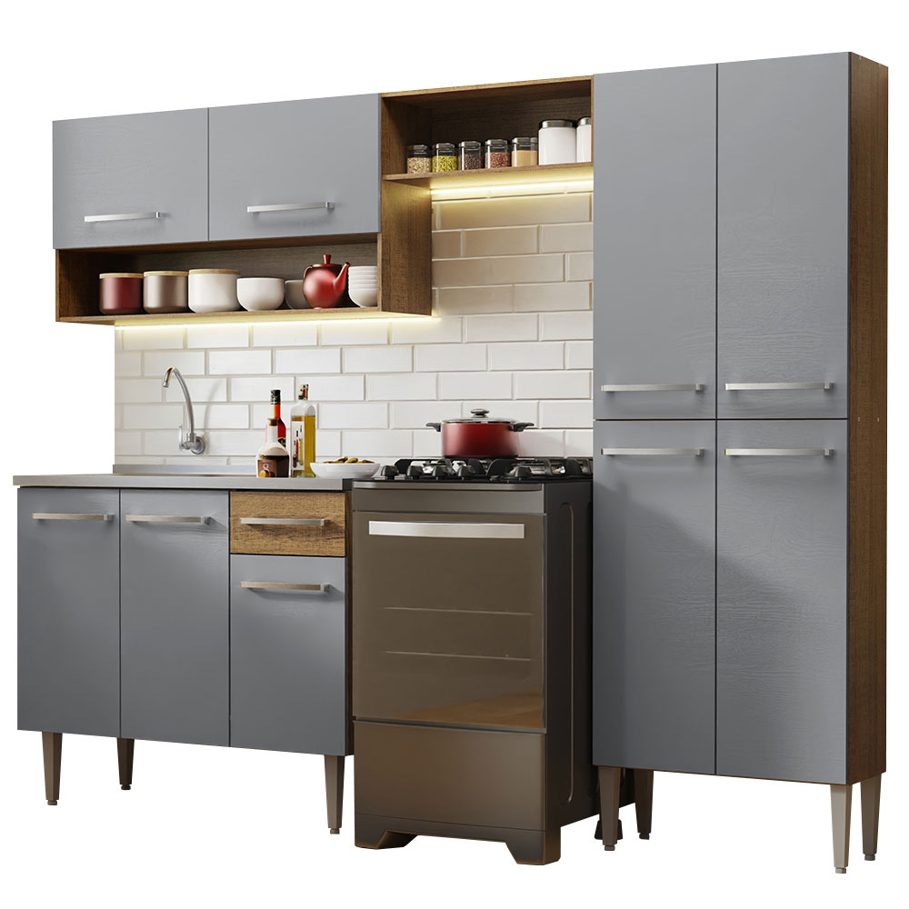 Armário de Cozinha Compacta 229cm com Pia Rustic/Cinza Emilly Madesa 10