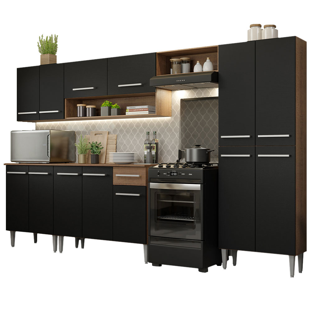 Armário de Cozinha Completa 293cm Rustic/Preto Emilly Madesa 01