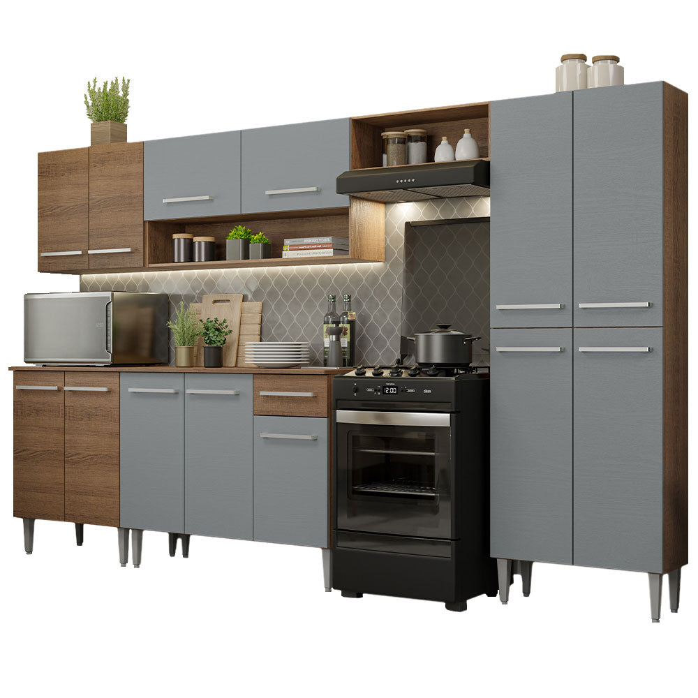 Armário de Cozinha Completa 293cm Rustic/Cinza/Rustic Emilly Madesa 01