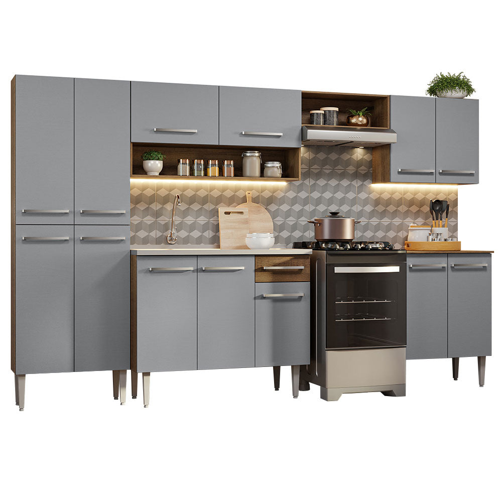 Armário de Cozinha Completa 293cm com Pia Rustic/Cinza Emilly Madesa 08