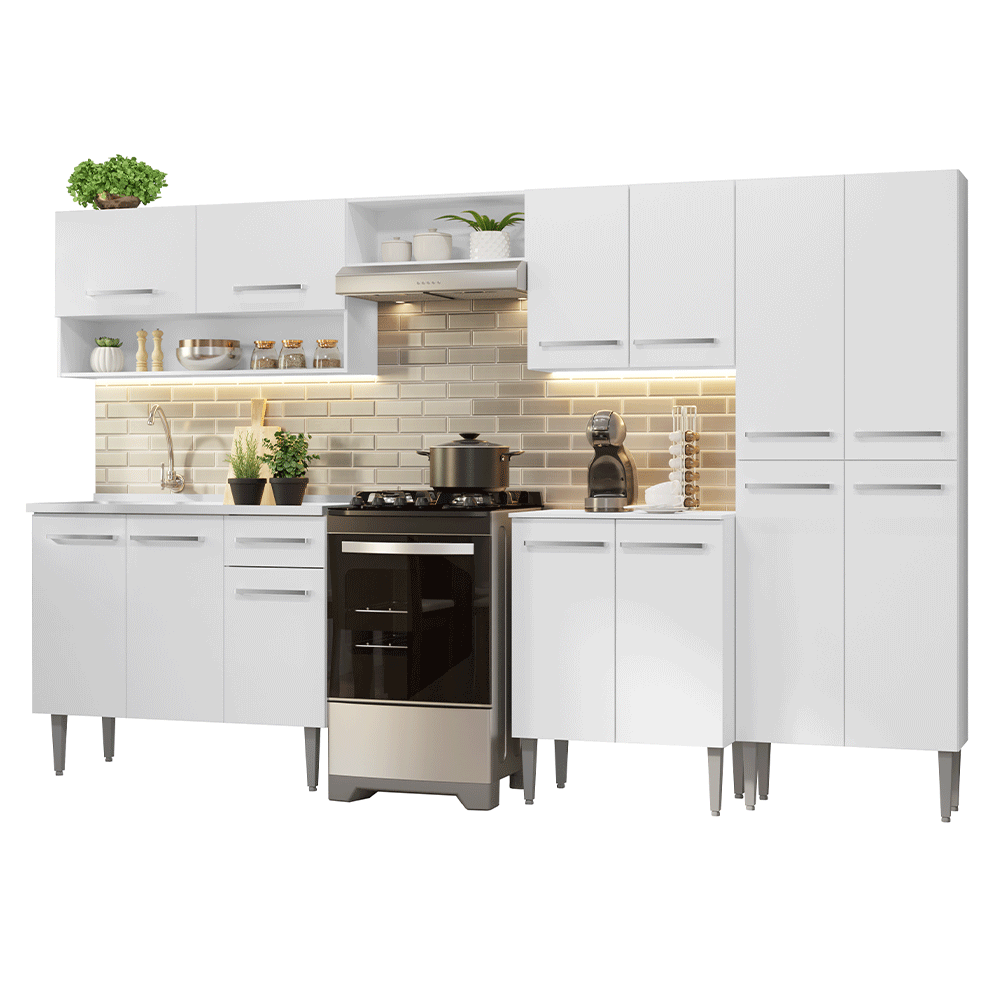 Armário de Cozinha Completa 293cm com Pia Branco Emilly Madesa 09