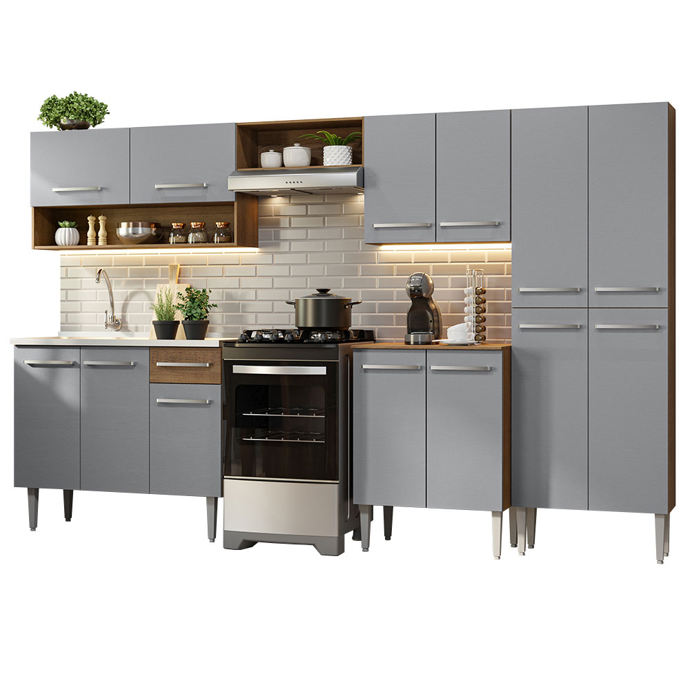 Armário de Cozinha Completa 293cm com Pia Rustic/Cinza Emilly Madesa 09