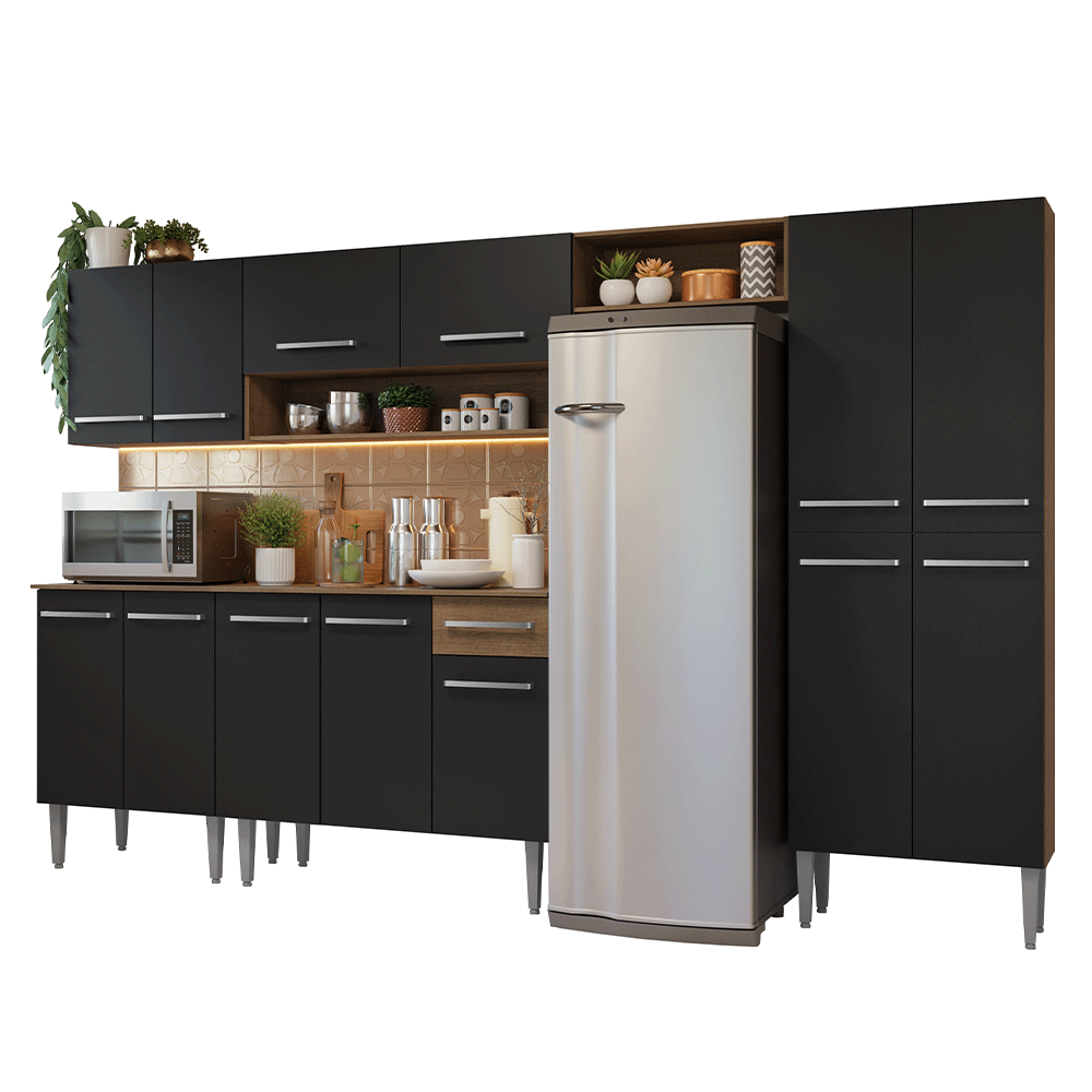 Armário de Cozinha Completa 293cm Rustic/Preto Emilly Madesa 011