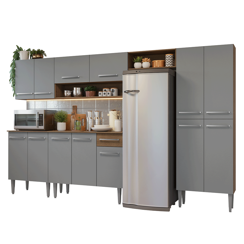 Armário de Cozinha Completa 293cm Rustic/Cinza Emilly Madesa 011