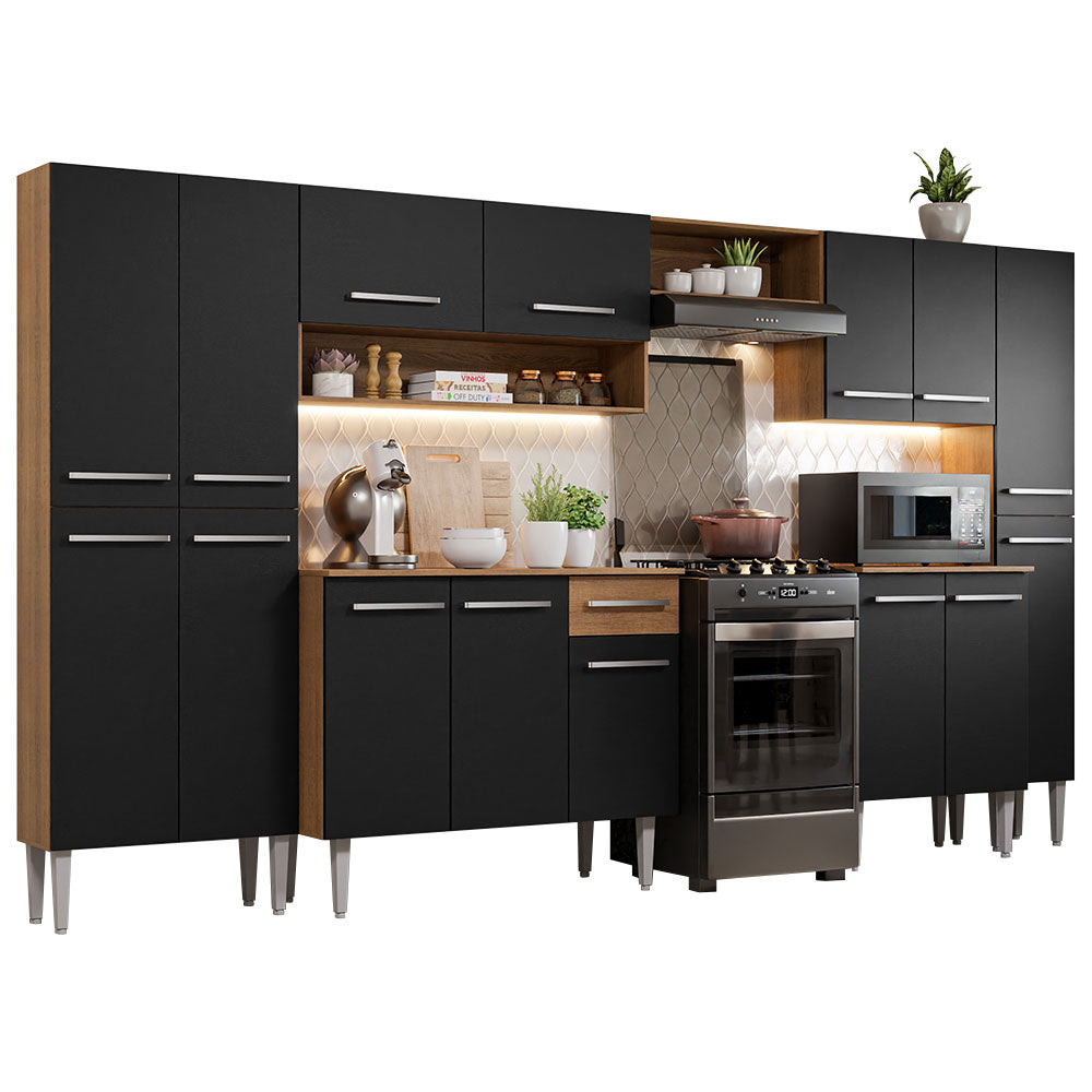 Armário de Cozinha Completa 325cm Preto/Rustic Emilly Joy Madesa