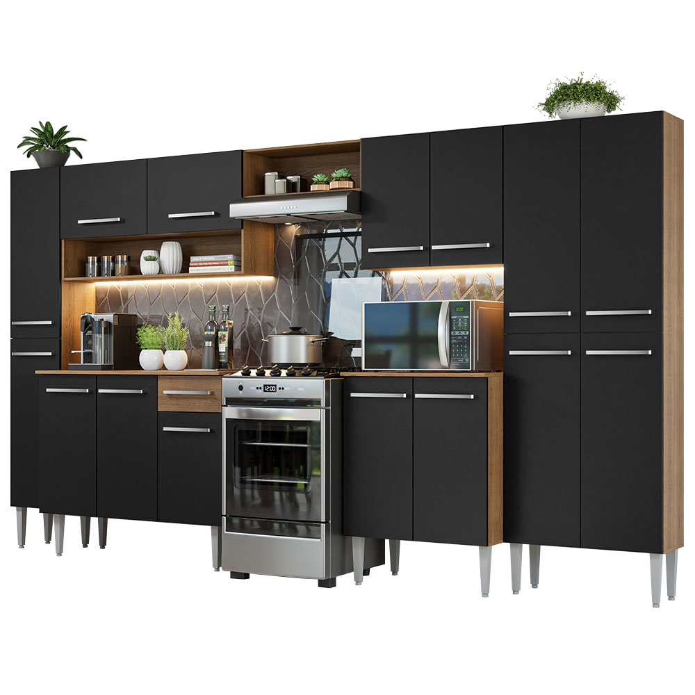 Armário de Cozinha Completa 325cm Rustic/Preto Emilly Madesa 02
