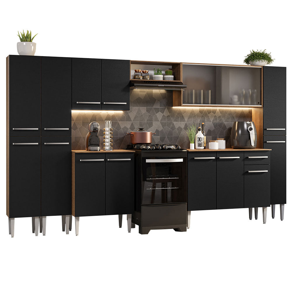 Armário de Cozinha Completa 325cm Rustic/Preto Emilly Madesa 03