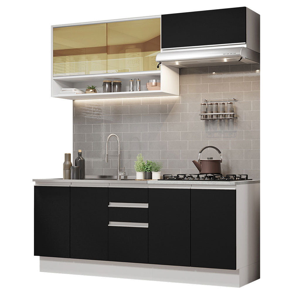 Armário de Cozinha Compacta 200cm Branco Preto Glamy Madesa 03