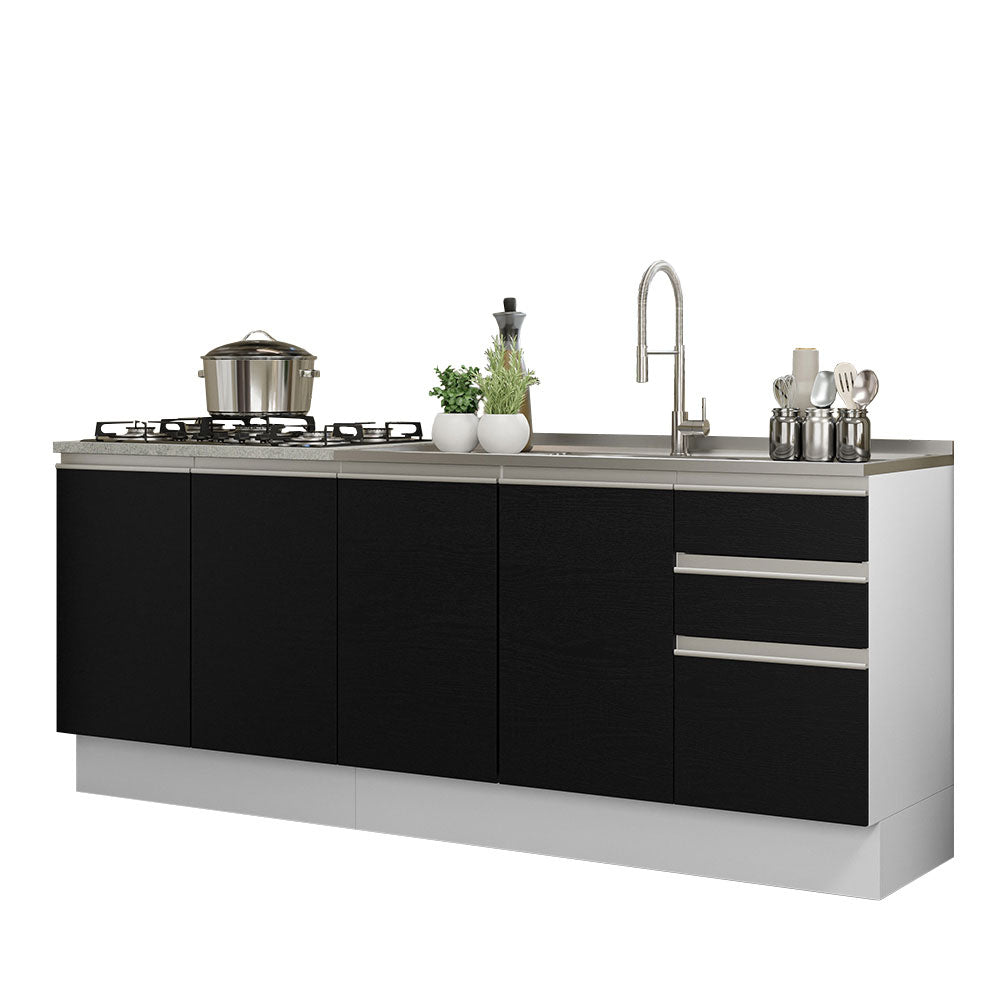 Kit com 2 Balcões de Cozinha Madesa Glamy 4 Portas 3 Gavetas (Sem Tampo e Pia) Branco/Preto Branco/Preto