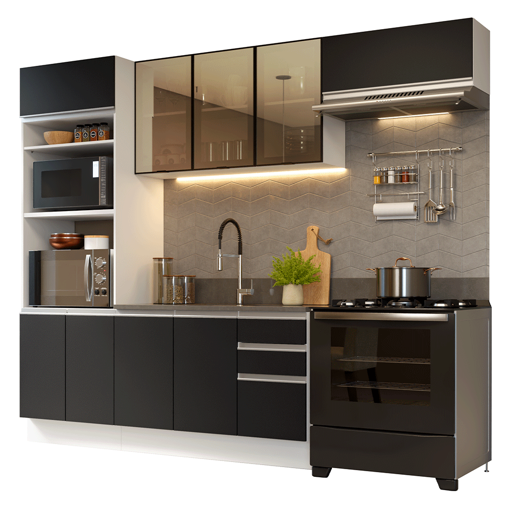 Armário de Cozinha Completa 270 cm Branco/Preto Glamy Madesa 17