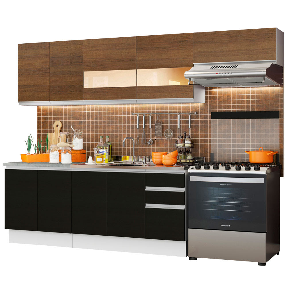 Armário de Cozinha Completa 280cm Branco/Preto/Rustic Marcela Madesa 03