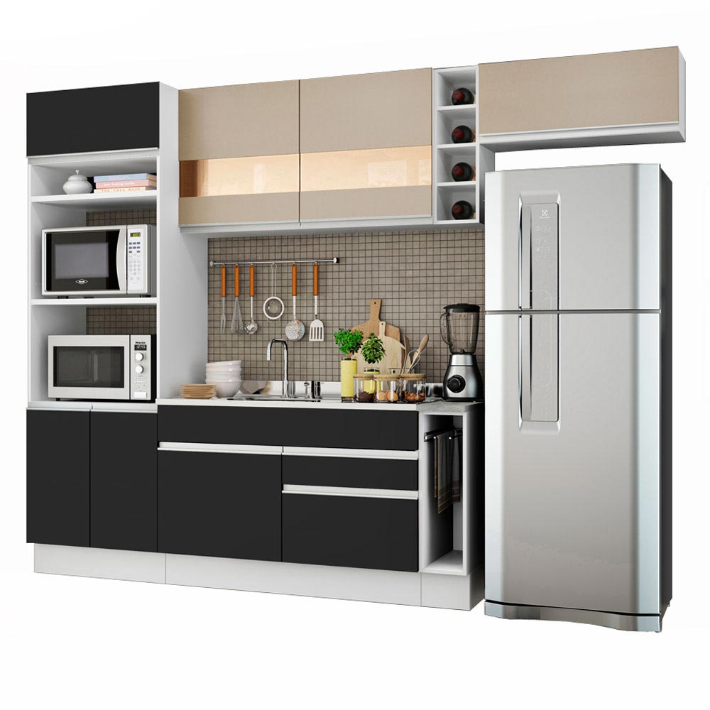 Armário de Cozinha Completa 290cm Branco/Preto/Crema Safira Madesa 03