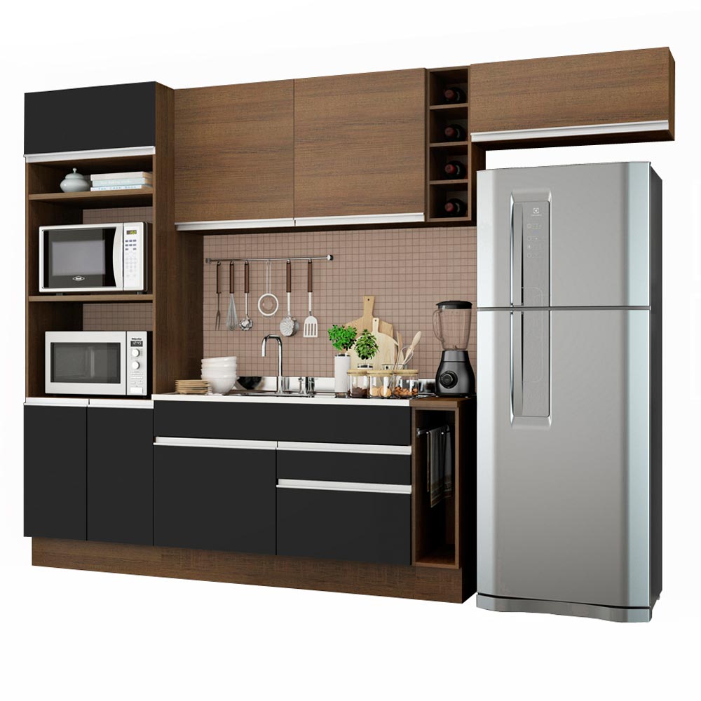 Armário de Cozinha Completa 290cm Rustic/Preto/Rustic Safira Madesa 04