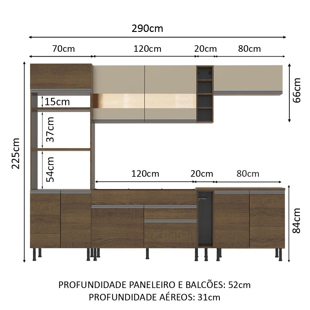 Armário de Cozinha Completa 290cm Rustic/Rustic/Crema Vicenza Madesa 11