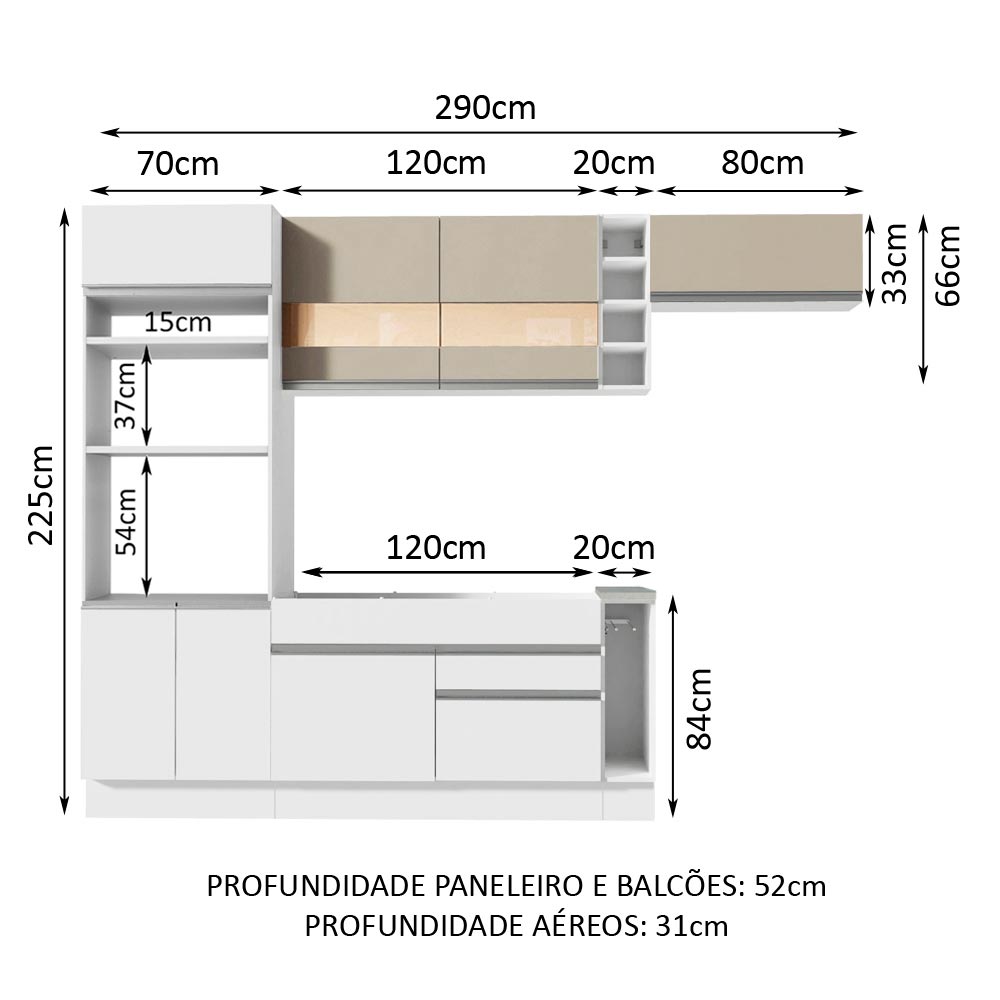 Armário de Cozinha Completa 290cm Branco/Branco/Crema Safira Madesa 13