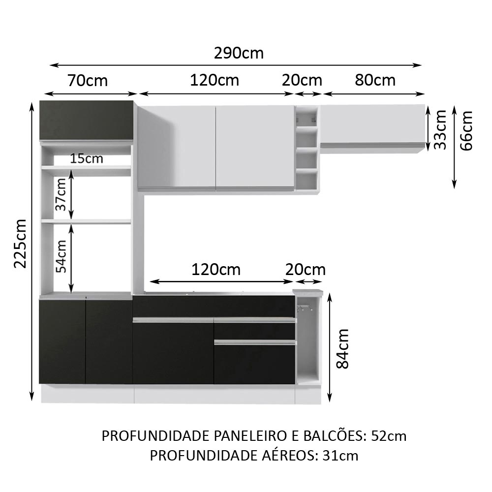 Armário de Cozinha Completa 290cm Branco/Preto/Branco Safira Madesa 14