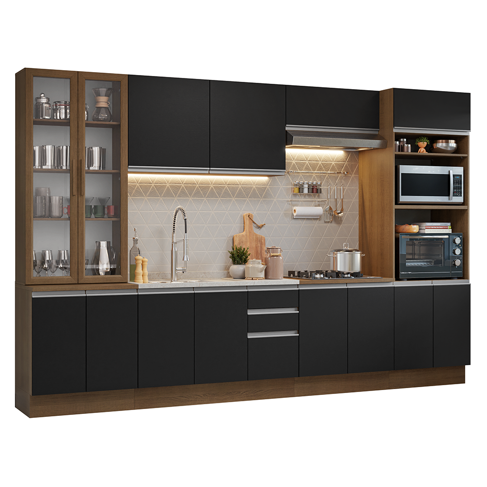 Armário de Cozinha Completa 340cm Rustic/Preto Glamy Madesa 01