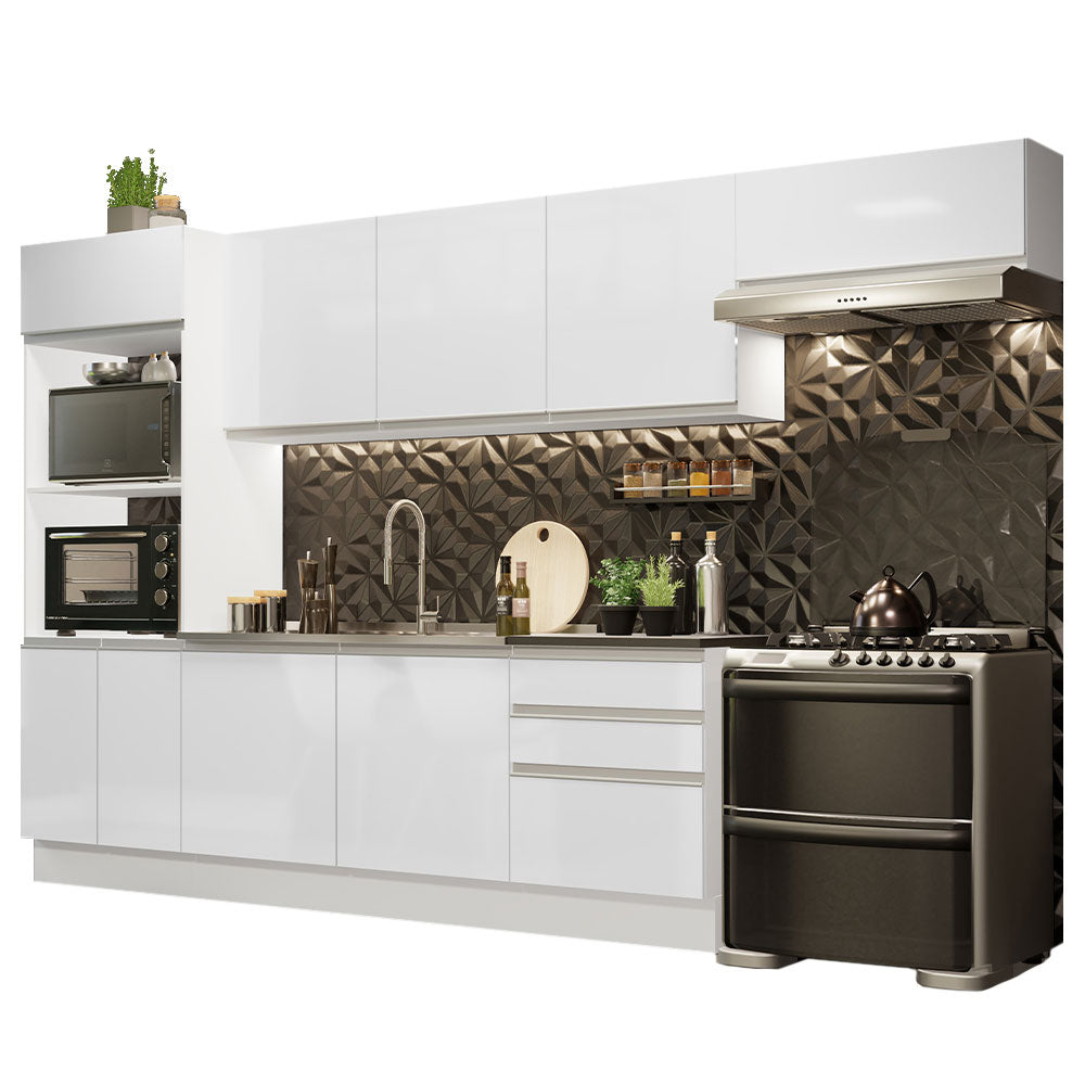 Armário de Cozinha Completa 100% MDF 330cm Frentes Branco Brilho Acordes Madesa 06