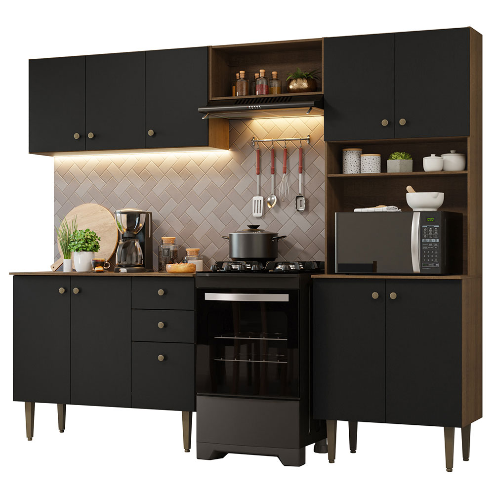 Armário de Cozinha Compacta 235cm Rustic/Preto Gourmet Madesa 01