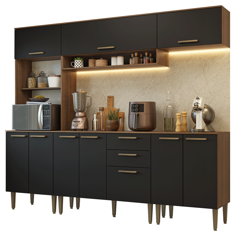Armário de Cozinha Completa 225 cm Rustic/Preto Lille Madesa 01