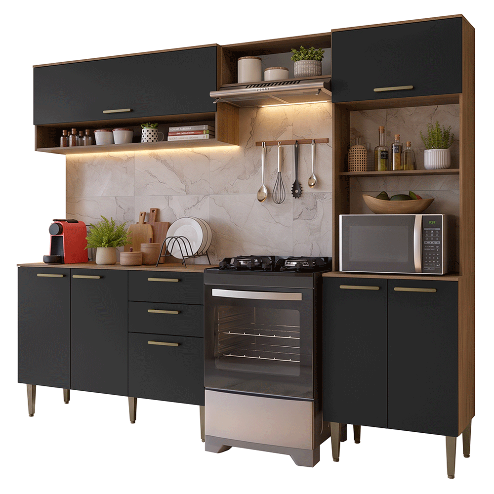 Armário de Cozinha Completa 225 cm Rustic/Preto Lille Madesa 02