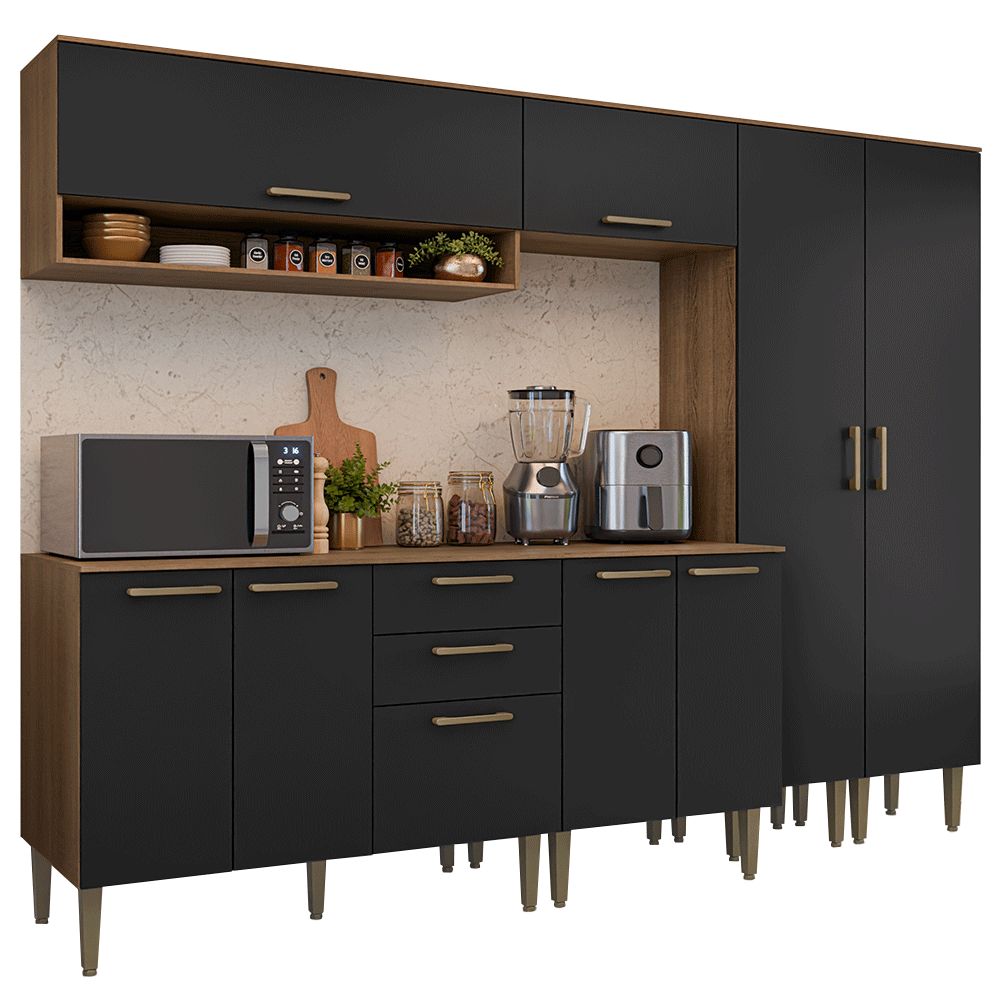 Armário de Cozinha Completa 245 cm Rustic/Preto Lille Madesa 01