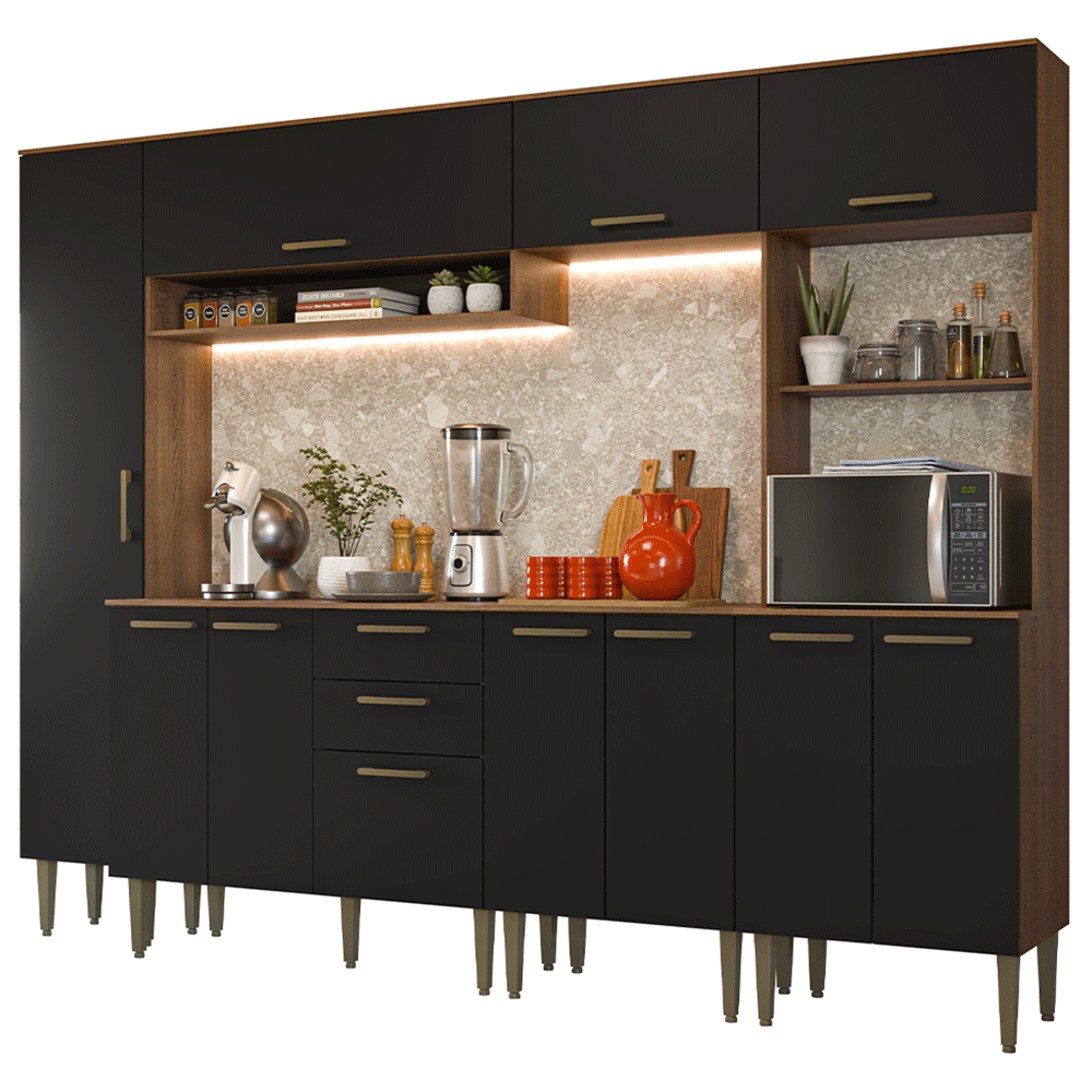Armário de Cozinha Completa 265 cm Rustic/Preto Lille Madesa 01