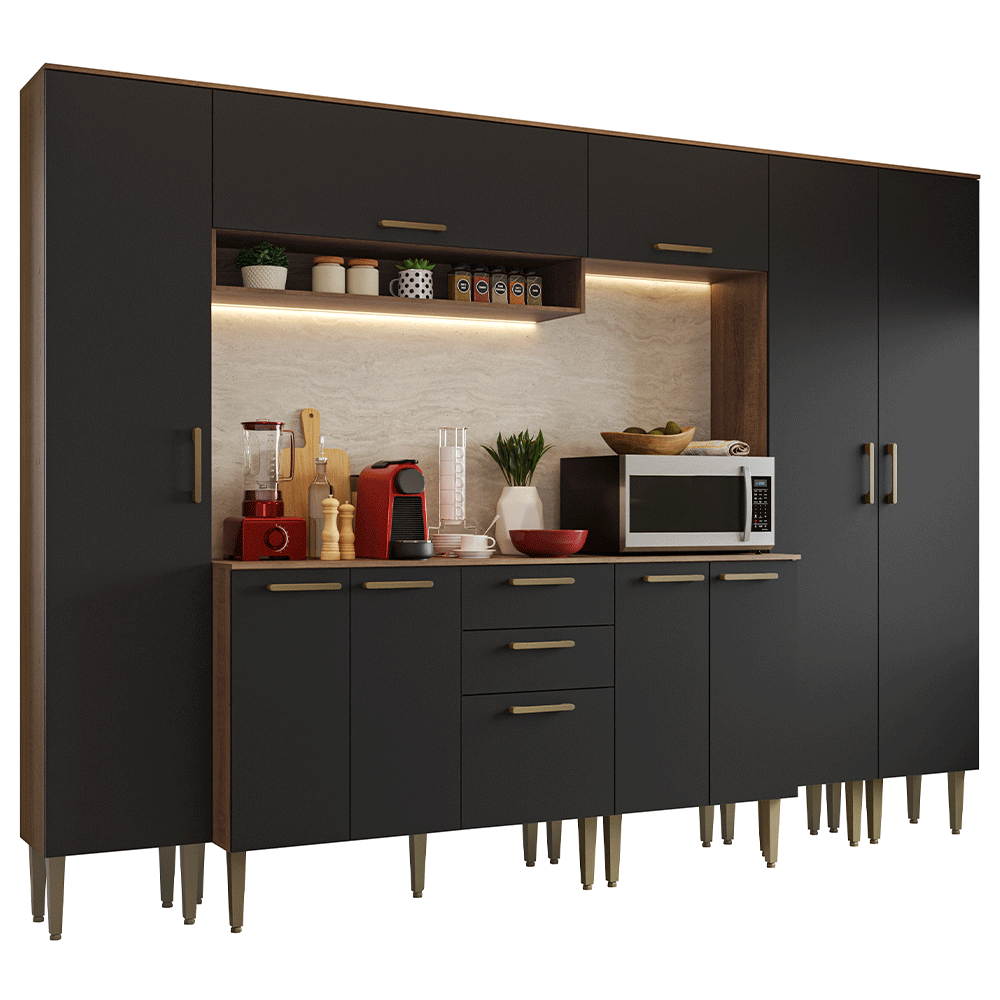 Armário de Cozinha Completa 285 cm Rustic/Preto Lille Madesa 01
