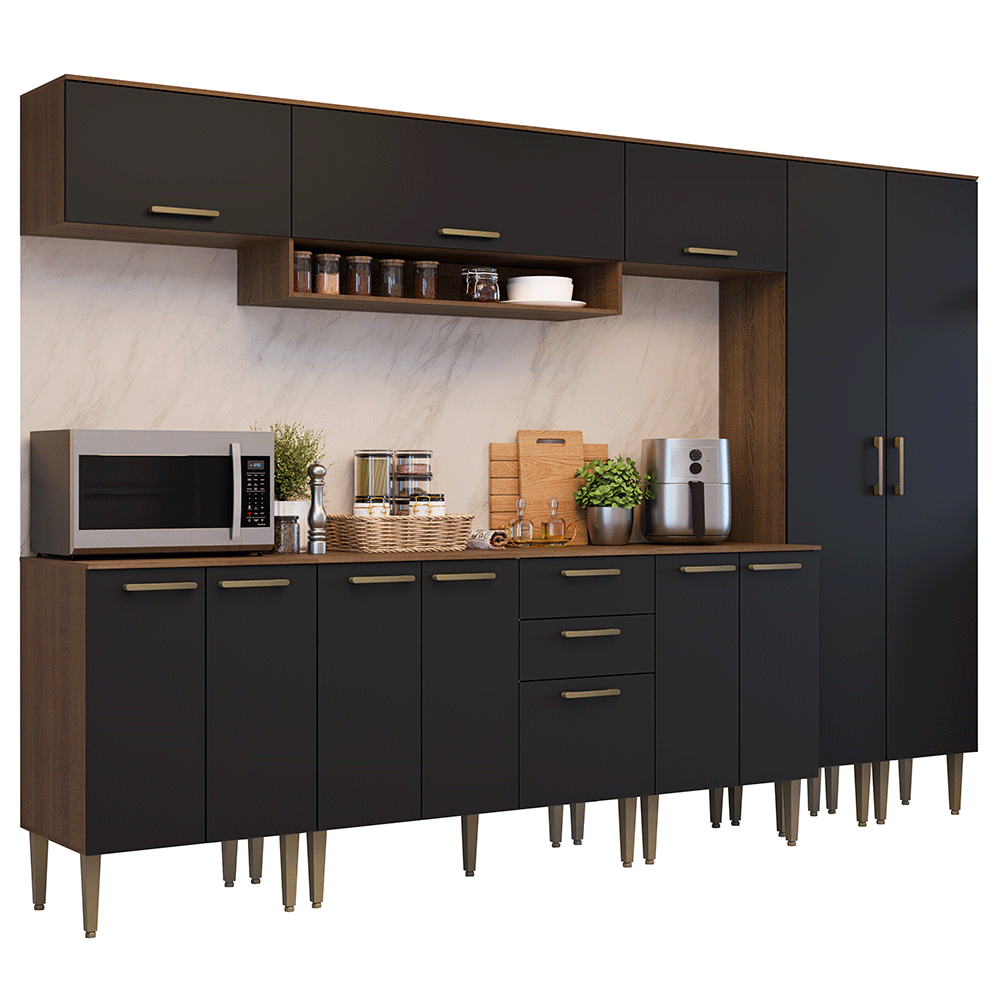 Armário de Cozinha Completa 305 cm Rustic/Preto Lille Madesa 01