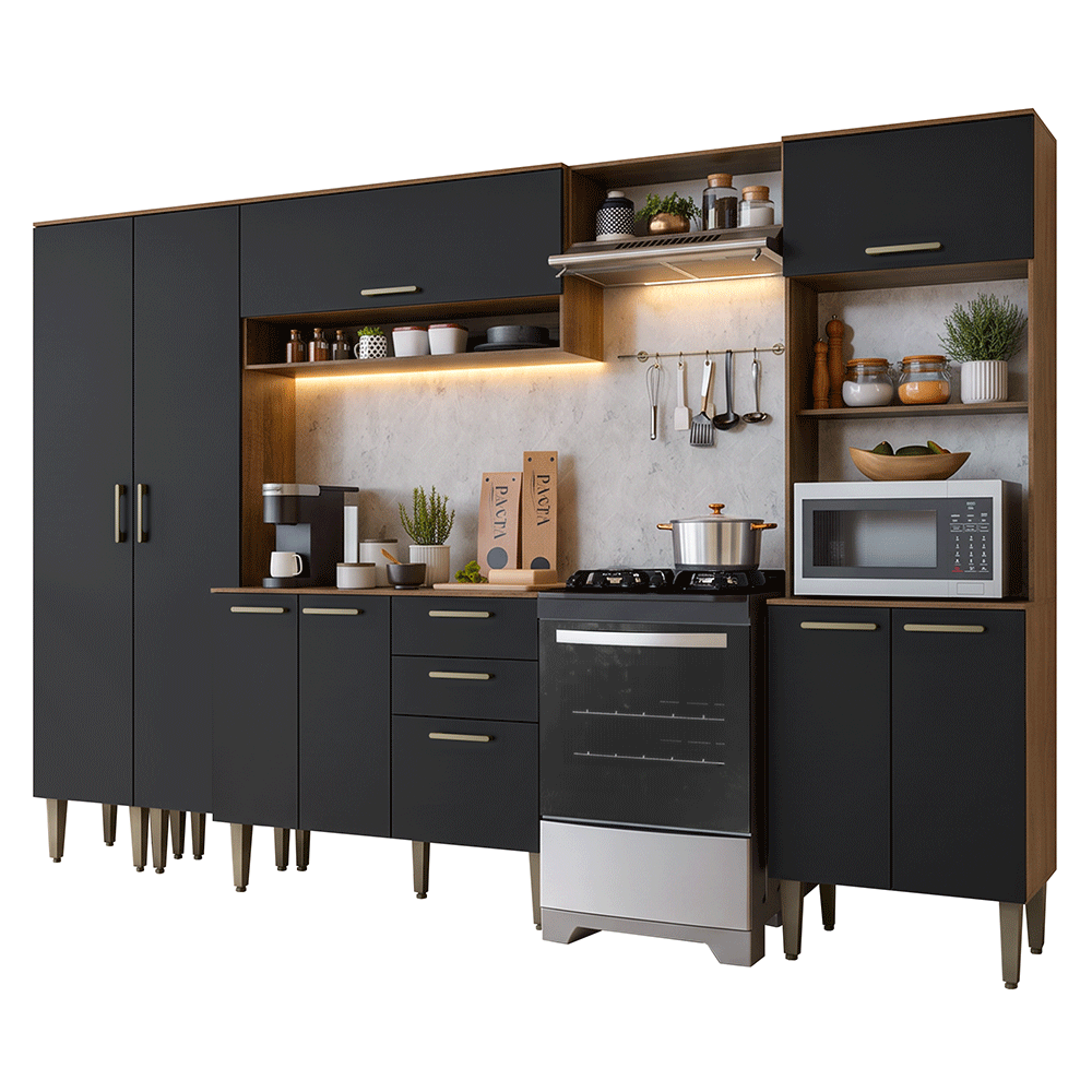 Armário de Cozinha Completa 305 cm Rustic/Preto Lille Madesa 02