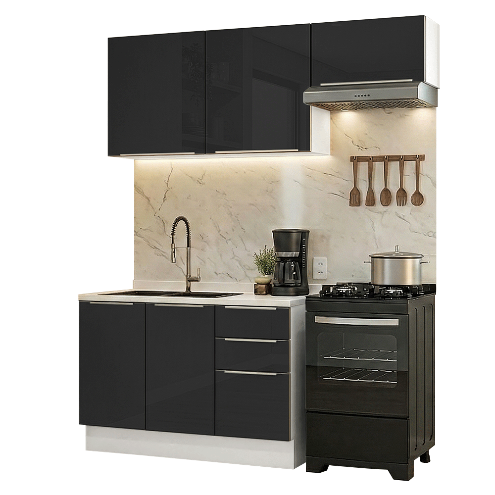 Armário de Cozinha Compacta 180 x 60 cm Branco/Preto Lux Madesa 03