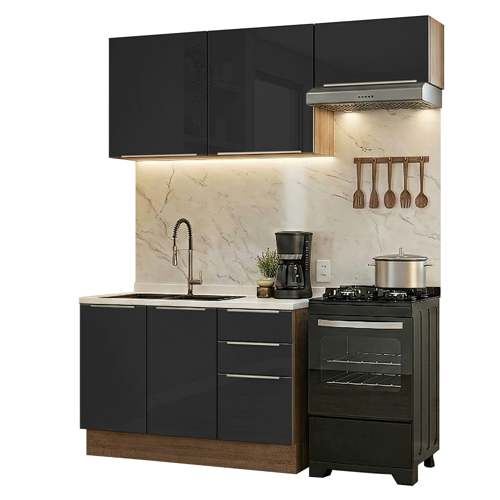 Armário de Cozinha Compacta 180 x 60 cm Rustic/Preto Lux Madesa 03