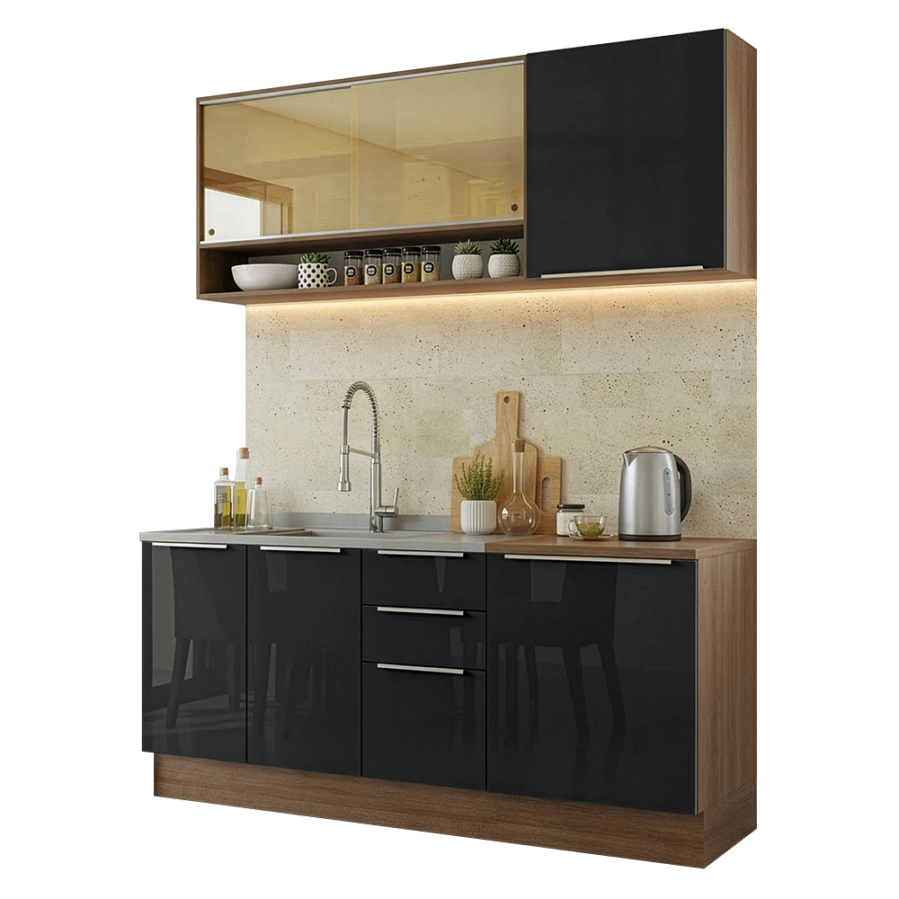 Armário de Cozinha Compacta 180 cm Rustic/Preto Lux Madesa 04