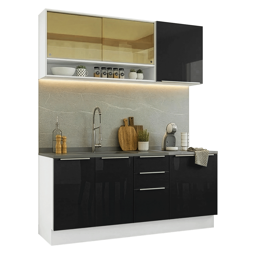 Armário de Cozinha Compacta 180 x 60 cm Branco/Preto Lux Madesa 05