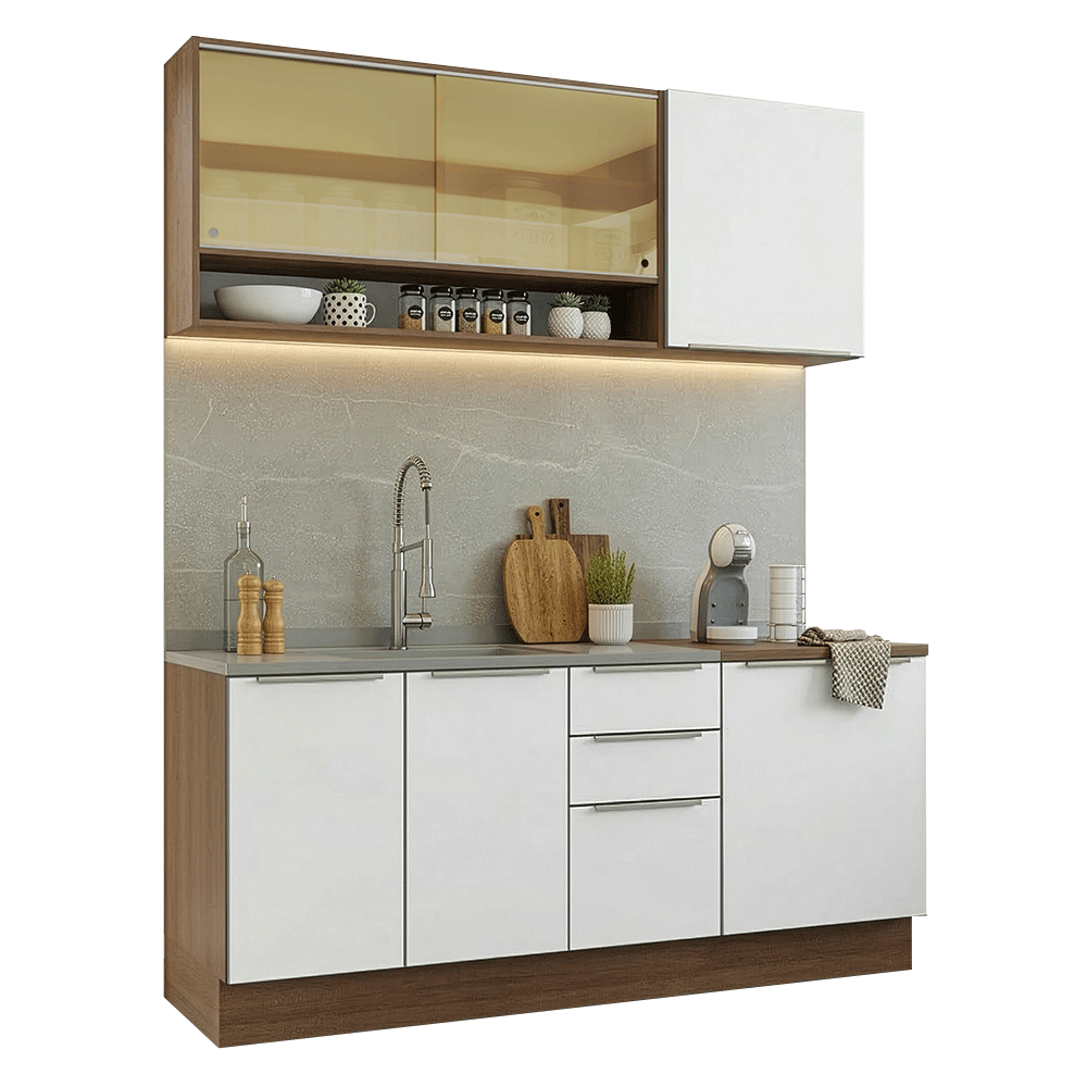Armário de Cozinha Compacta 180 x 60 cm Rustic/Branco Veludo Lux Madesa 05