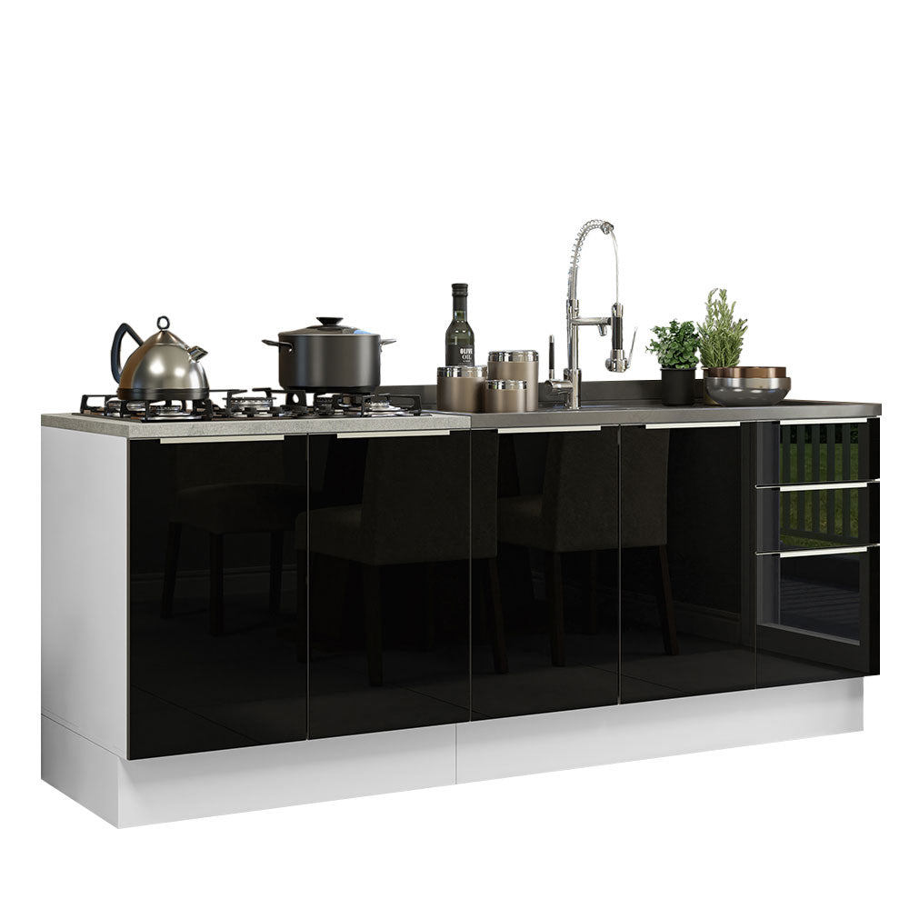 Kit com 2 Balcões de Cozinha 4 Portas 3 Gavetas 200 x 60 cm (Sem Tampo e Pia) Branco/Preto Lux Madesa