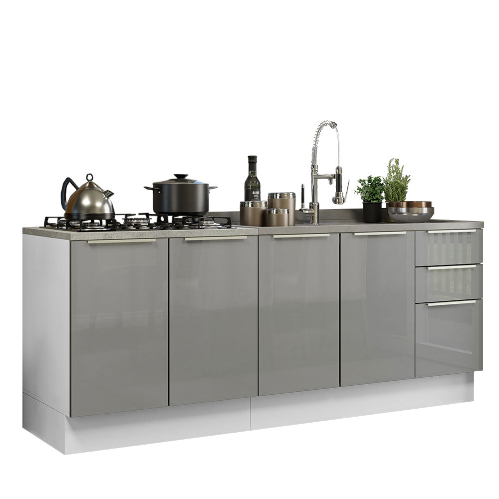 Kit com 2 Balcões de Cozinha 4 Portas 3 Gavetas 200 x 60 cm (Sem Tampo e Pia) Branco/Cinza Lux Madesa