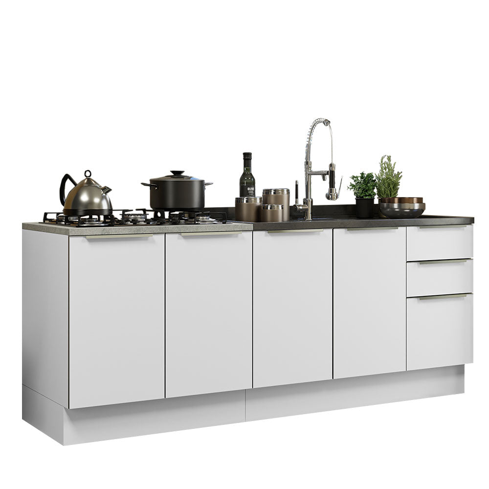 Kit com 2 Balcões de Cozinha 4 Portas 3 Gavetas 200 x 60 cm (Sem Tampo e Pia) Branco/Branco Veludo Lux Madesa