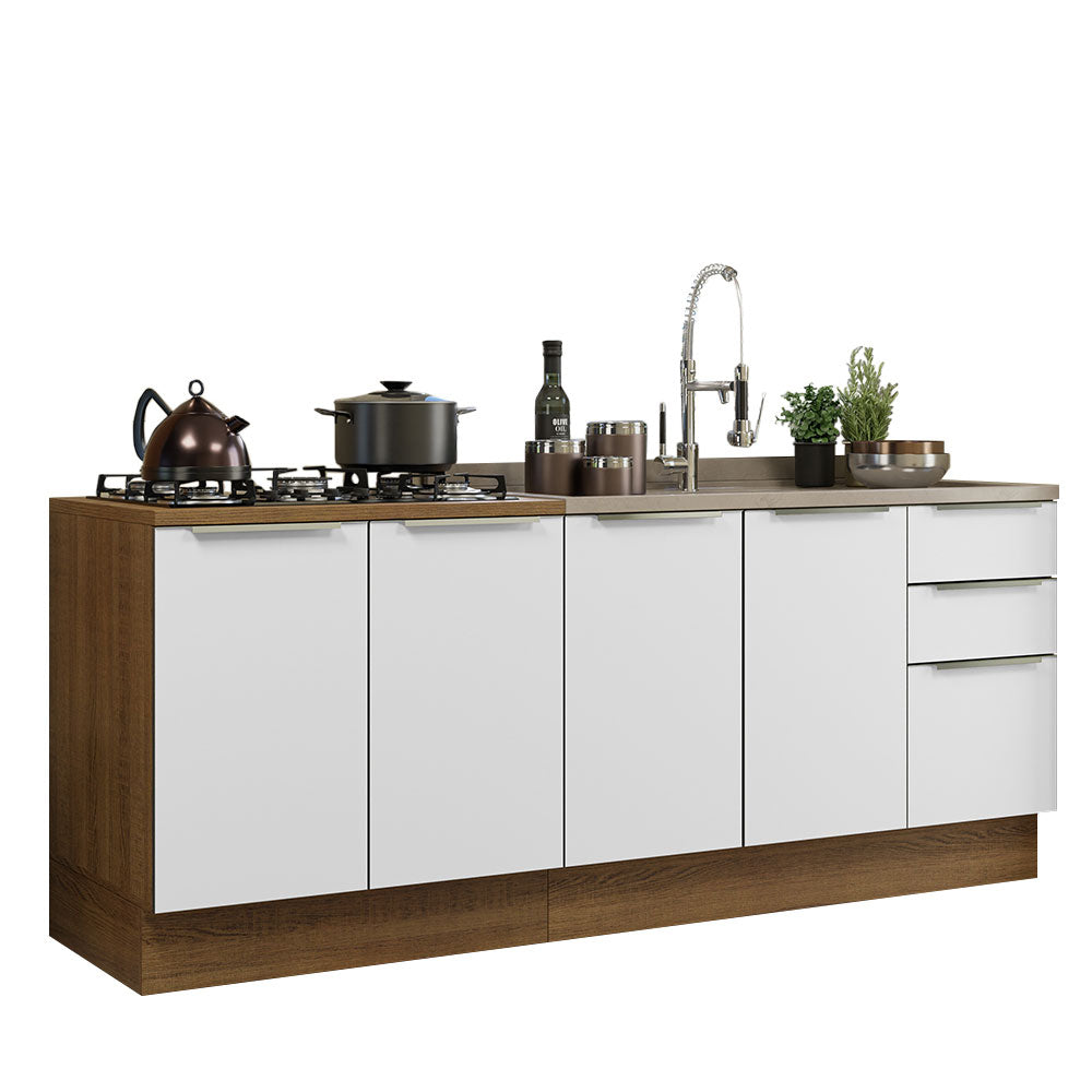Kit com 2 Balcões de Cozinha 4 Portas 3 Gavetas 200 x 60 cm (Sem Tampo e Pia) Rustic/Branco Veludo Lux Madesa