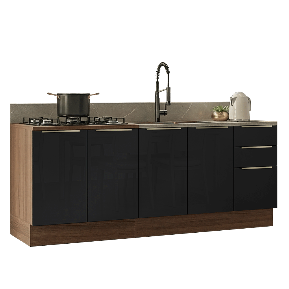 Armário de Cozinha Compacta 200 cm Rustic/Preto Lux Madesa 06